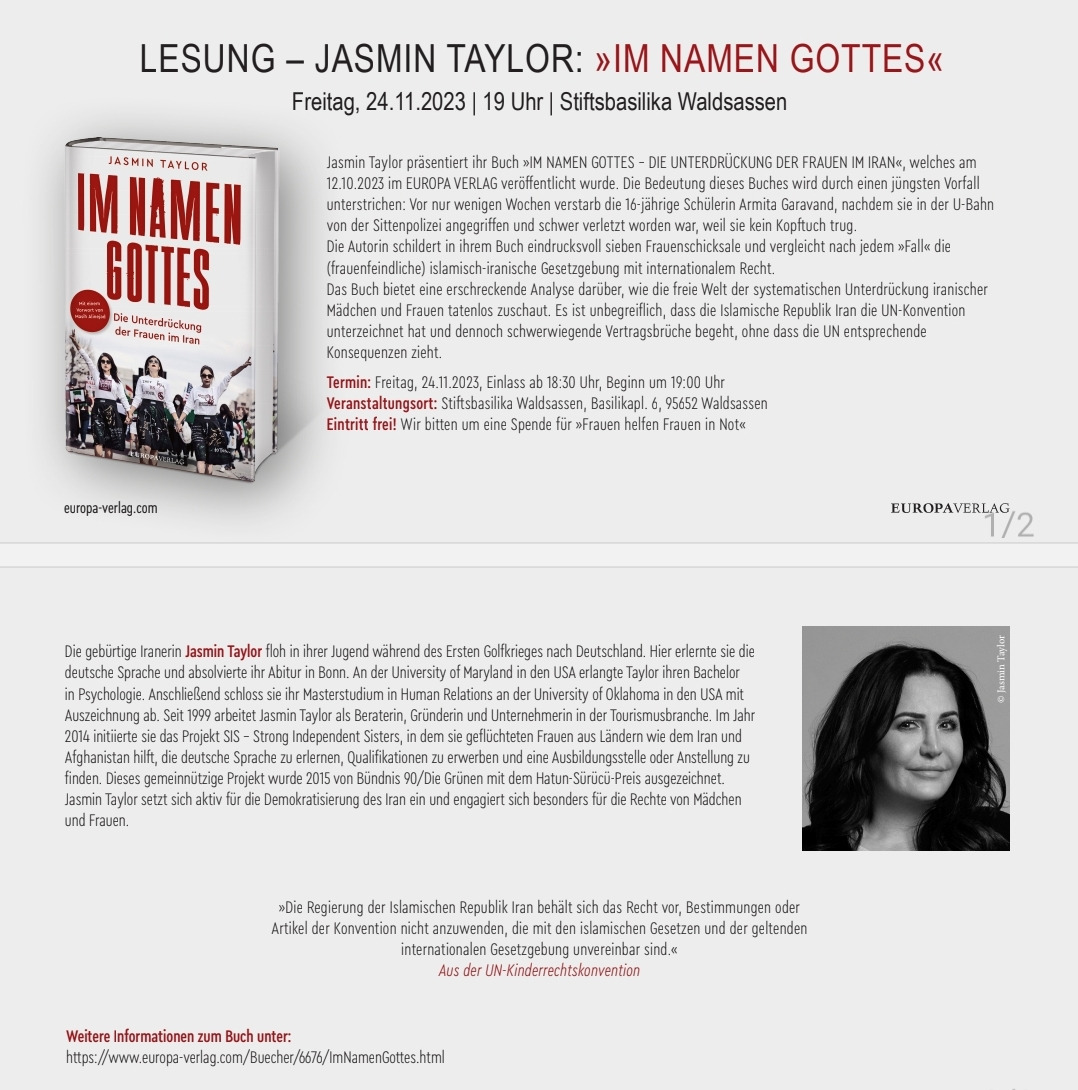 24.11. – Lesung ‘IM NAMEN GOTTES’ von und mit Jasmin Taylor